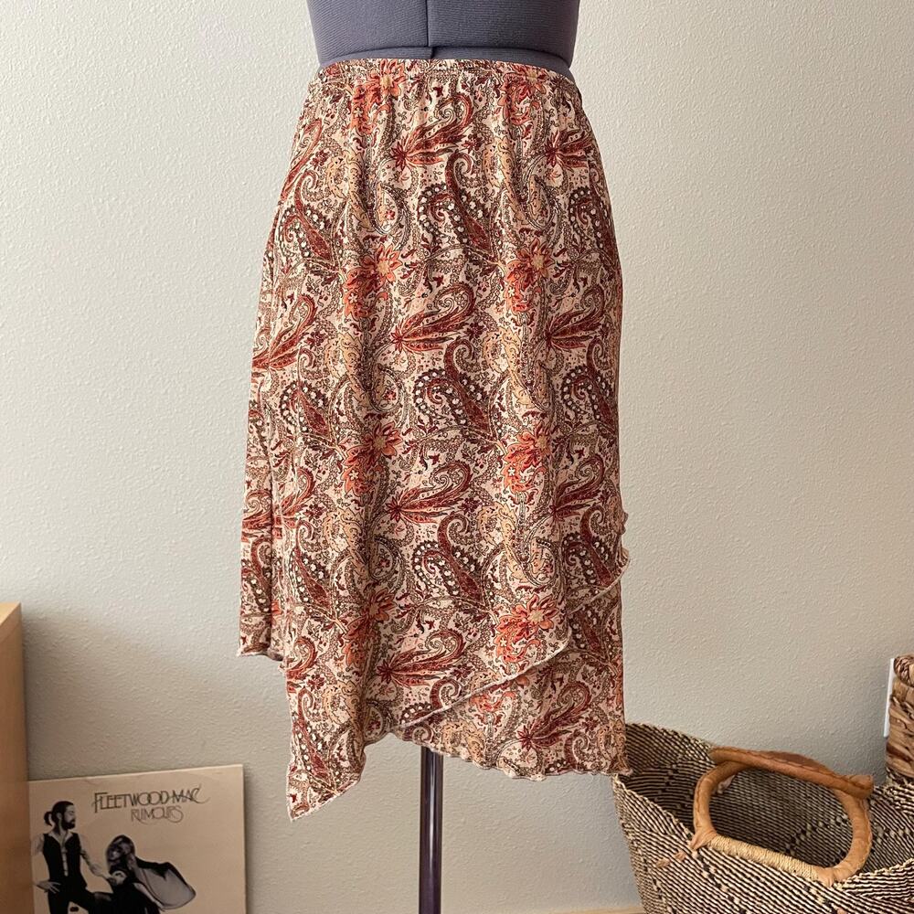 90s vintage paisley asymmetrical midi skirt boho fairy whimsy | size XS/S